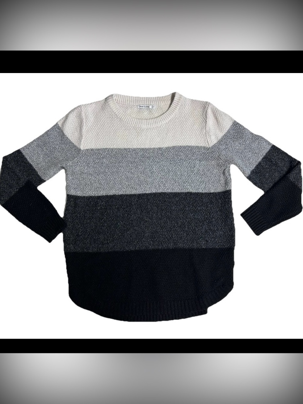 Pink Clover Long-sleeve Colorblock Striped Crewneck Sweater Cream Gray Black M